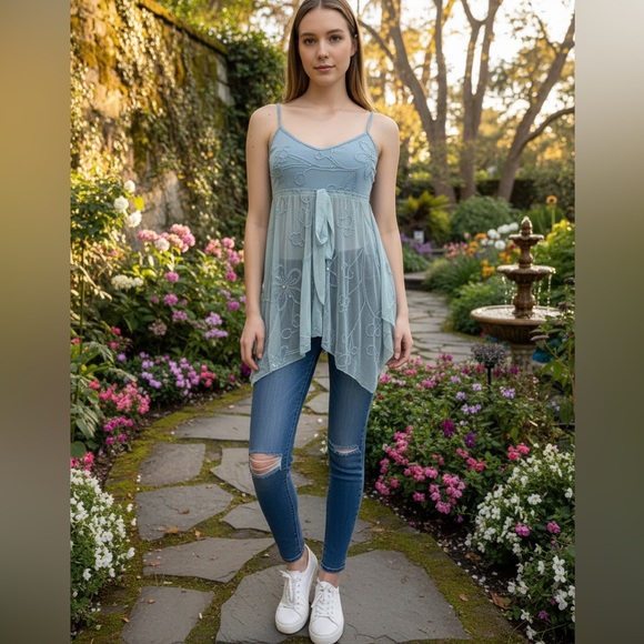 Light Blue Floral hand beaded Attitudes by Debra top and skirt set. - Picture 3 of 16